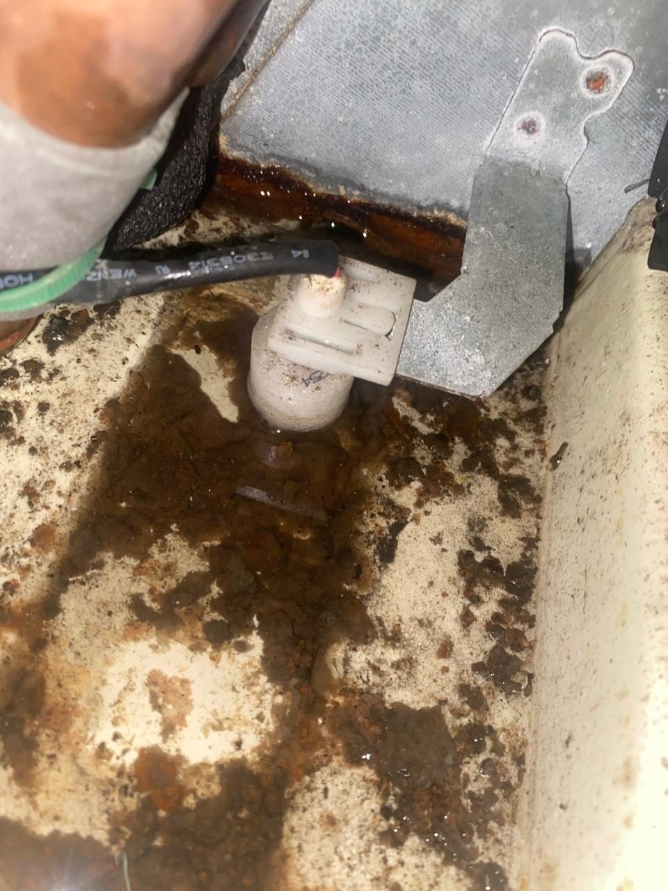 HVAC before: AC drain tray clogged, causing leaks.